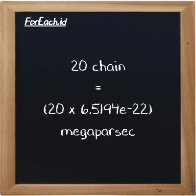 Cara konversi chain ke megaparsec (ch ke Mpc): 20 chain (ch) setara dengan 20 dikalikan dengan 6.5194e-22 megaparsec (Mpc)