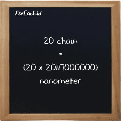 Cara konversi chain ke nanometer (ch ke nm): 20 chain (ch) setara dengan 20 dikalikan dengan 20117000000 nanometer (nm)