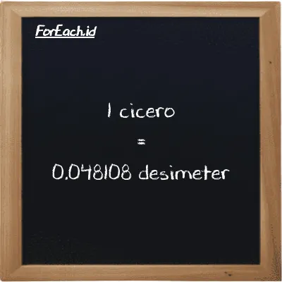 1 cicero setara dengan 0.048108 desimeter (1 ccr setara dengan 0.048108 dm)