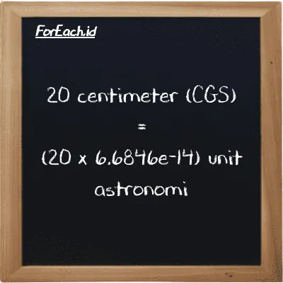 Cara konversi centimeter ke unit astronomi (cm ke au): 20 centimeter (cm) setara dengan 20 dikalikan dengan 6.6846e-14 unit astronomi (au)