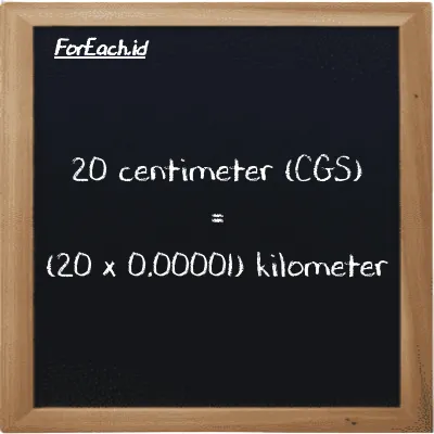 Cara konversi centimeter ke kilometer (cm ke km): 20 centimeter (cm) setara dengan 20 dikalikan dengan 0.00001 kilometer (km)