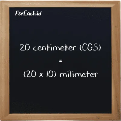 Cara konversi centimeter ke milimeter (cm ke mm): 20 centimeter (cm) setara dengan 20 dikalikan dengan 10 milimeter (mm)