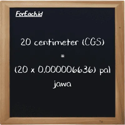 Cara konversi centimeter ke pal jawa (cm ke pj): 20 centimeter (cm) setara dengan 20 dikalikan dengan 0.000006636 pal jawa (pj)