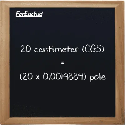 Cara konversi centimeter ke pole (cm ke pl): 20 centimeter (cm) setara dengan 20 dikalikan dengan 0.0019884 pole (pl)
