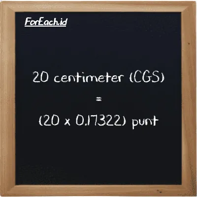 Cara konversi centimeter ke punt (cm ke pnt): 20 centimeter (cm) setara dengan 20 dikalikan dengan 0.17322 punt (pnt)