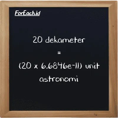 Cara konversi dekameter ke unit astronomi (dam ke au): 20 dekameter (dam) setara dengan 20 dikalikan dengan 6.6846e-11 unit astronomi (au)