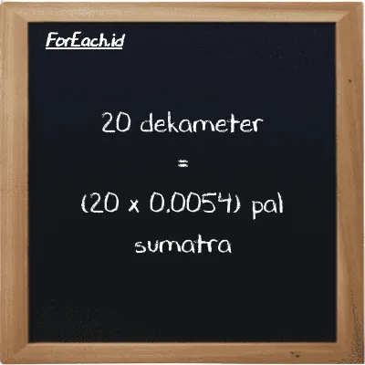 Cara konversi dekameter ke pal sumatra (dam ke ps): 20 dekameter (dam) setara dengan 20 dikalikan dengan 0.0054 pal sumatra (ps)