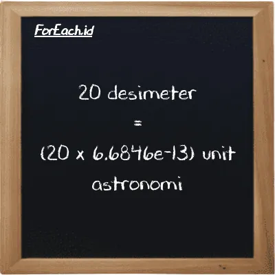 Cara konversi desimeter ke unit astronomi (dm ke au): 20 desimeter (dm) setara dengan 20 dikalikan dengan 6.6846e-13 unit astronomi (au)