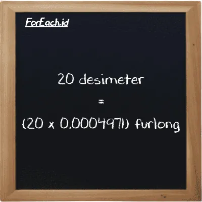 Cara konversi desimeter ke furlong (dm ke fur): 20 desimeter (dm) setara dengan 20 dikalikan dengan 0.0004971 furlong (fur)