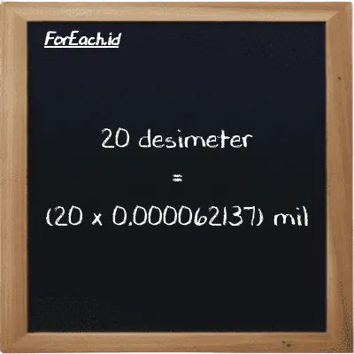 Cara konversi desimeter ke mil (dm ke mi): 20 desimeter (dm) setara dengan 20 dikalikan dengan 0.000062137 mil (mi)