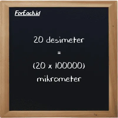 Cara konversi desimeter ke mikrometer (dm ke µm): 20 desimeter (dm) setara dengan 20 dikalikan dengan 100000 mikrometer (µm)