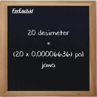 Cara konversi desimeter ke pal jawa (dm ke pj): 20 desimeter (dm) setara dengan 20 dikalikan dengan 0.00006636 pal jawa (pj)