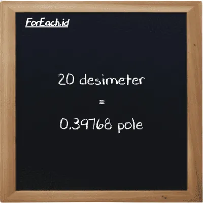 20 desimeter setara dengan 0.39768 pole (20 dm setara dengan 0.39768 pl)