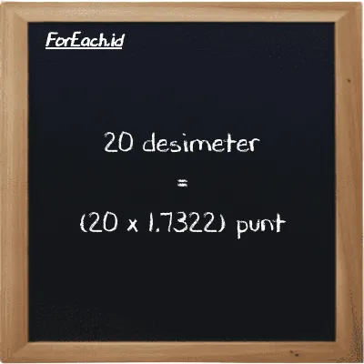 Cara konversi desimeter ke punt (dm ke pnt): 20 desimeter (dm) setara dengan 20 dikalikan dengan 1.7322 punt (pnt)