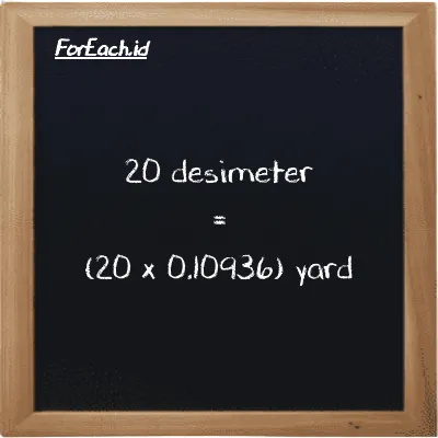 Cara konversi desimeter ke yard (dm ke yd): 20 desimeter (dm) setara dengan 20 dikalikan dengan 0.10936 yard (yd)