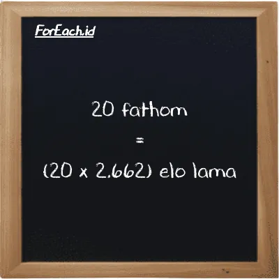 Cara konversi fathom ke elo lama (ft ke el la): 20 fathom (ft) setara dengan 20 dikalikan dengan 2.662 elo lama (el la)