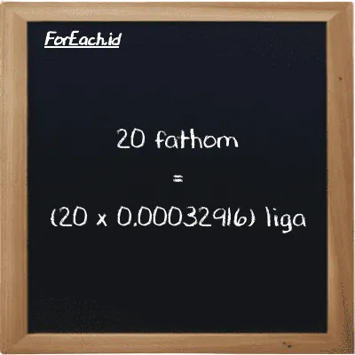Cara konversi fathom ke liga (ft ke lg): 20 fathom (ft) setara dengan 20 dikalikan dengan 0.00032916 liga (lg)