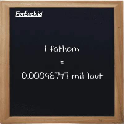 1 fathom setara dengan 0.00098747 mil laut (1 ft setara dengan 0.00098747 nmi)