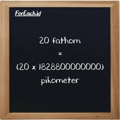 Cara konversi fathom ke pikometer (ft ke pm): 20 fathom (ft) setara dengan 20 dikalikan dengan 1828800000000 pikometer (pm)