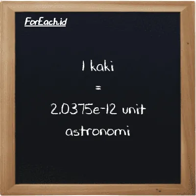 1 kaki setara dengan 2.0375e-12 unit astronomi (1 ft setara dengan 2.0375e-12 au)