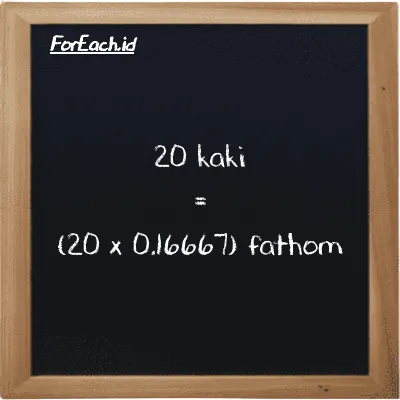 Cara konversi kaki ke fathom (ft ke ft): 20 kaki (ft) setara dengan 20 dikalikan dengan 0.16667 fathom (ft)