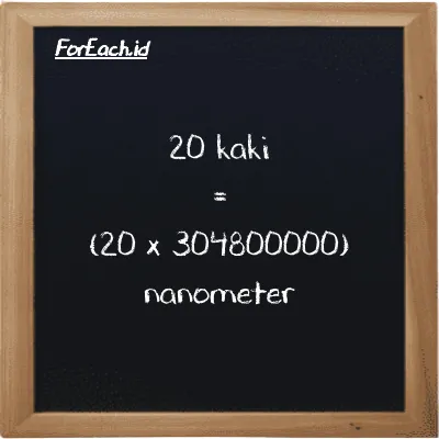 Cara konversi kaki ke nanometer (ft ke nm): 20 kaki (ft) setara dengan 20 dikalikan dengan 304800000 nanometer (nm)
