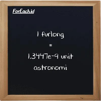 1 furlong setara dengan 1.3447e-9 unit astronomi (1 fur setara dengan 1.3447e-9 au)