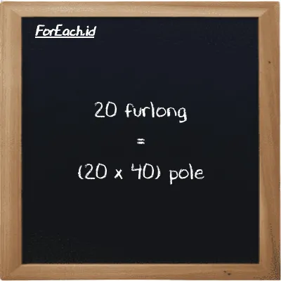 Cara konversi furlong ke pole (fur ke pl): 20 furlong (fur) setara dengan 20 dikalikan dengan 40 pole (pl)