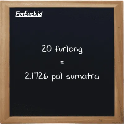 20 furlong setara dengan 2.1726 pal sumatra (20 fur setara dengan 2.1726 ps)