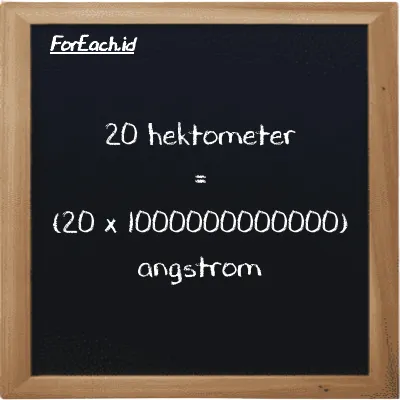 Cara konversi hektometer ke angstrom (hm ke Å): 20 hektometer (hm) setara dengan 20 dikalikan dengan 1000000000000 angstrom (Å)