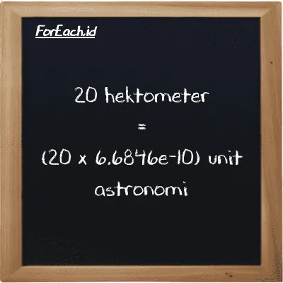 Cara konversi hektometer ke unit astronomi (hm ke au): 20 hektometer (hm) setara dengan 20 dikalikan dengan 6.6846e-10 unit astronomi (au)