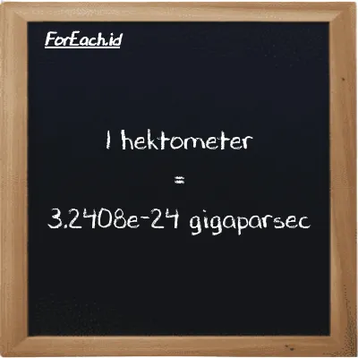 1 hektometer setara dengan 3.2408e-24 gigaparsec (1 hm setara dengan 3.2408e-24 Gpc)