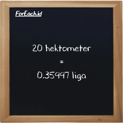 20 hektometer setara dengan 0.35997 liga (20 hm setara dengan 0.35997 lg)