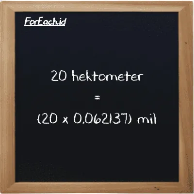 Cara konversi hektometer ke mil (hm ke mi): 20 hektometer (hm) setara dengan 20 dikalikan dengan 0.062137 mil (mi)