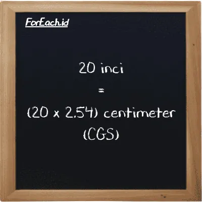 Cara konversi inci ke centimeter (in ke cm): 20 inci (in) setara dengan 20 dikalikan dengan 2.54 centimeter (cm)