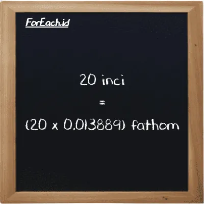 Cara konversi inci ke fathom (in ke ft): 20 inci (in) setara dengan 20 dikalikan dengan 0.013889 fathom (ft)