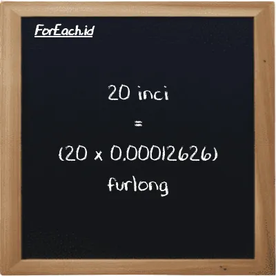 Cara konversi inci ke furlong (in ke fur): 20 inci (in) setara dengan 20 dikalikan dengan 0.00012626 furlong (fur)