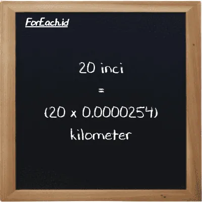 Cara konversi inci ke kilometer (in ke km): 20 inci (in) setara dengan 20 dikalikan dengan 0.0000254 kilometer (km)