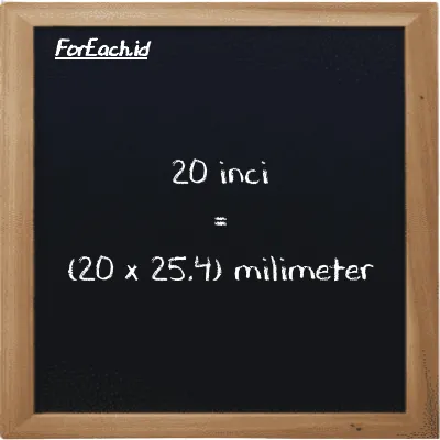 Cara konversi inci ke milimeter (in ke mm): 20 inci (in) setara dengan 20 dikalikan dengan 25.4 milimeter (mm)