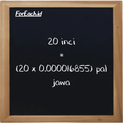 Cara konversi inci ke pal jawa (in ke pj): 20 inci (in) setara dengan 20 dikalikan dengan 0.000016855 pal jawa (pj)