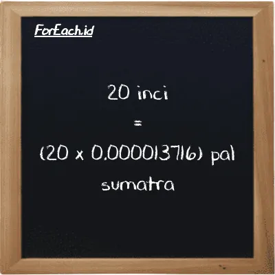 Cara konversi inci ke pal sumatra (in ke ps): 20 inci (in) setara dengan 20 dikalikan dengan 0.000013716 pal sumatra (ps)