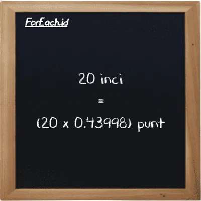 Cara konversi inci ke punt (in ke pnt): 20 inci (in) setara dengan 20 dikalikan dengan 0.43998 punt (pnt)