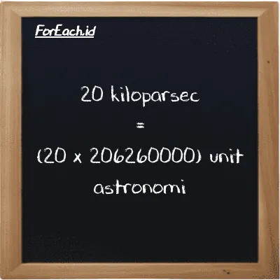 Cara konversi kiloparsec ke unit astronomi (kpc ke au): 20 kiloparsec (kpc) setara dengan 20 dikalikan dengan 206260000 unit astronomi (au)