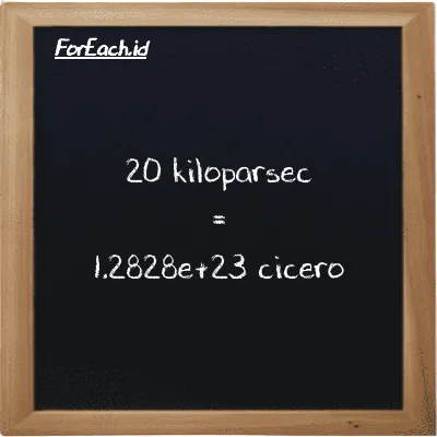 20 kiloparsec setara dengan 1.2828e+23 cicero (20 kpc setara dengan 1.2828e+23 ccr)