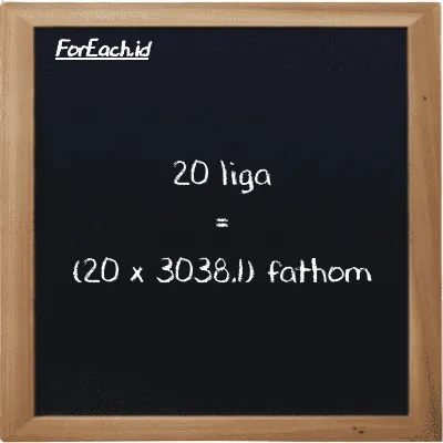 Cara konversi liga ke fathom (lg ke ft): 20 liga (lg) setara dengan 20 dikalikan dengan 3038.1 fathom (ft)