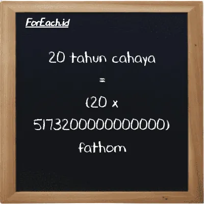 Cara konversi tahun cahaya ke fathom (ly ke ft): 20 tahun cahaya (ly) setara dengan 20 dikalikan dengan 5173200000000000 fathom (ft)