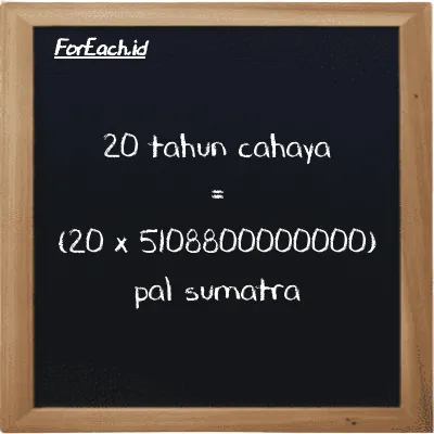 Cara konversi tahun cahaya ke pal sumatra (ly ke ps): 20 tahun cahaya (ly) setara dengan 20 dikalikan dengan 5108800000000 pal sumatra (ps)