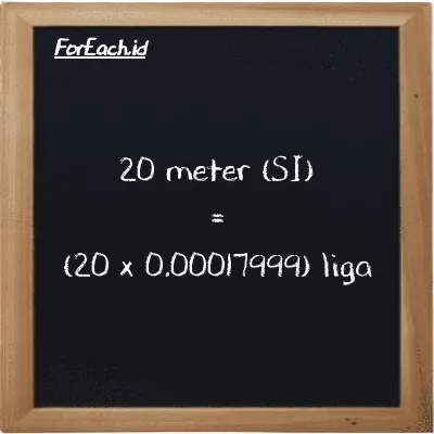 Cara konversi meter ke liga (m ke lg): 20 meter (m) setara dengan 20 dikalikan dengan 0.00017999 liga (lg)