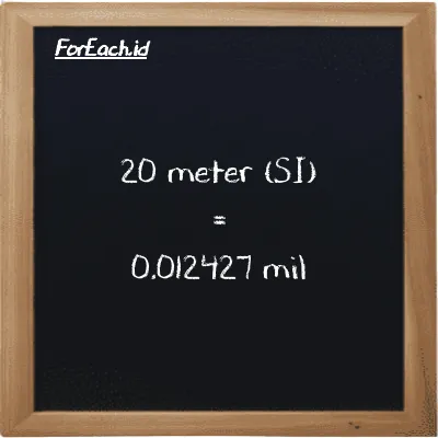 Cara konversi meter ke mil (m ke mi): 20 meter (m) setara dengan 20 dikalikan dengan 0.00062137 mil (mi)