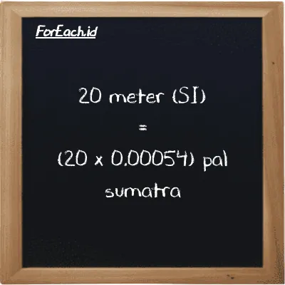 Cara konversi meter ke pal sumatra (m ke ps): 20 meter (m) setara dengan 20 dikalikan dengan 0.00054 pal sumatra (ps)
